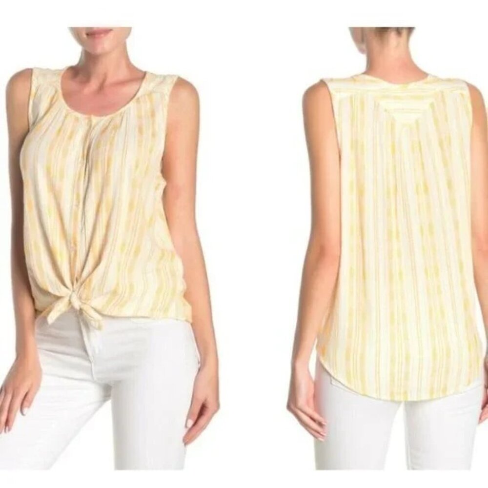Lucky Brand Sleeveless Top Blouse White Yellow Striped Shirt Women High Low 1X
